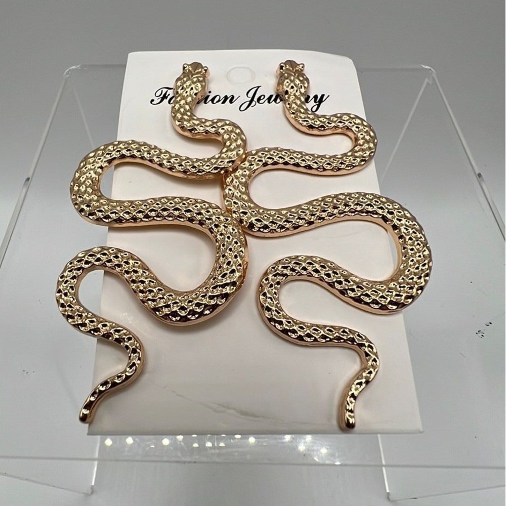 Whimsigoth Gothic Snake Earrings Gold Tone Serpent Statement 3" Glossy Finish